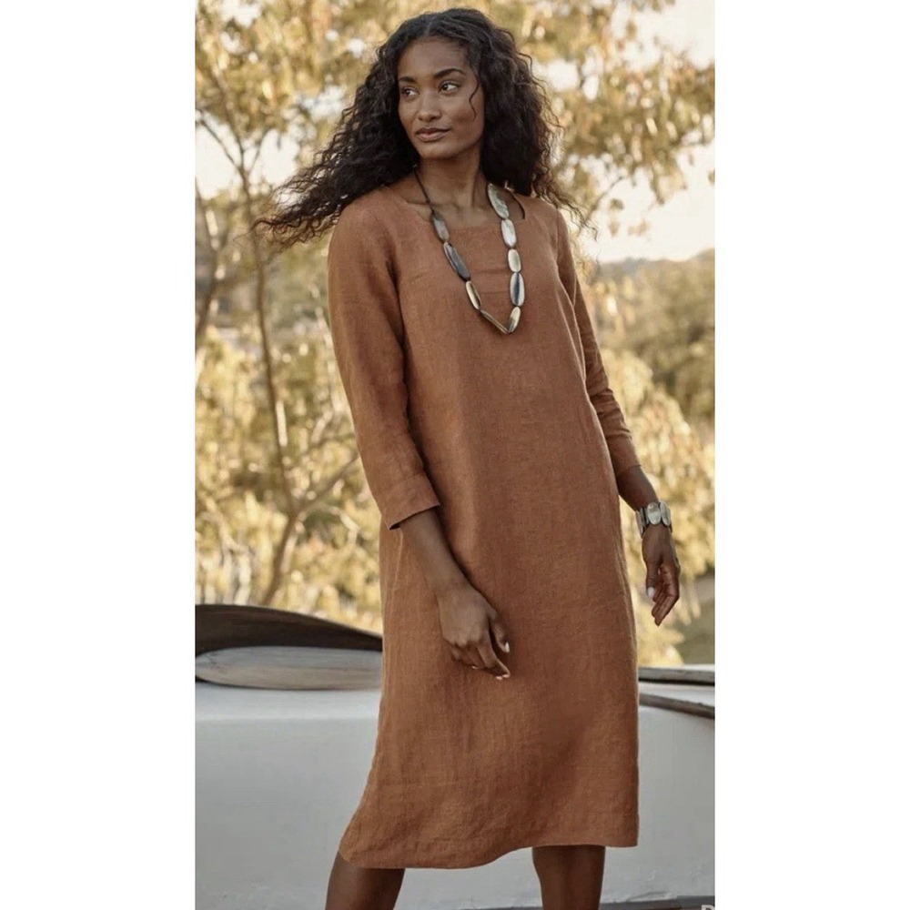 J. Jill Pure Jill Linen Square Neck Midi Dress Rust Terracotta Lagenlook Sz‎ Lg